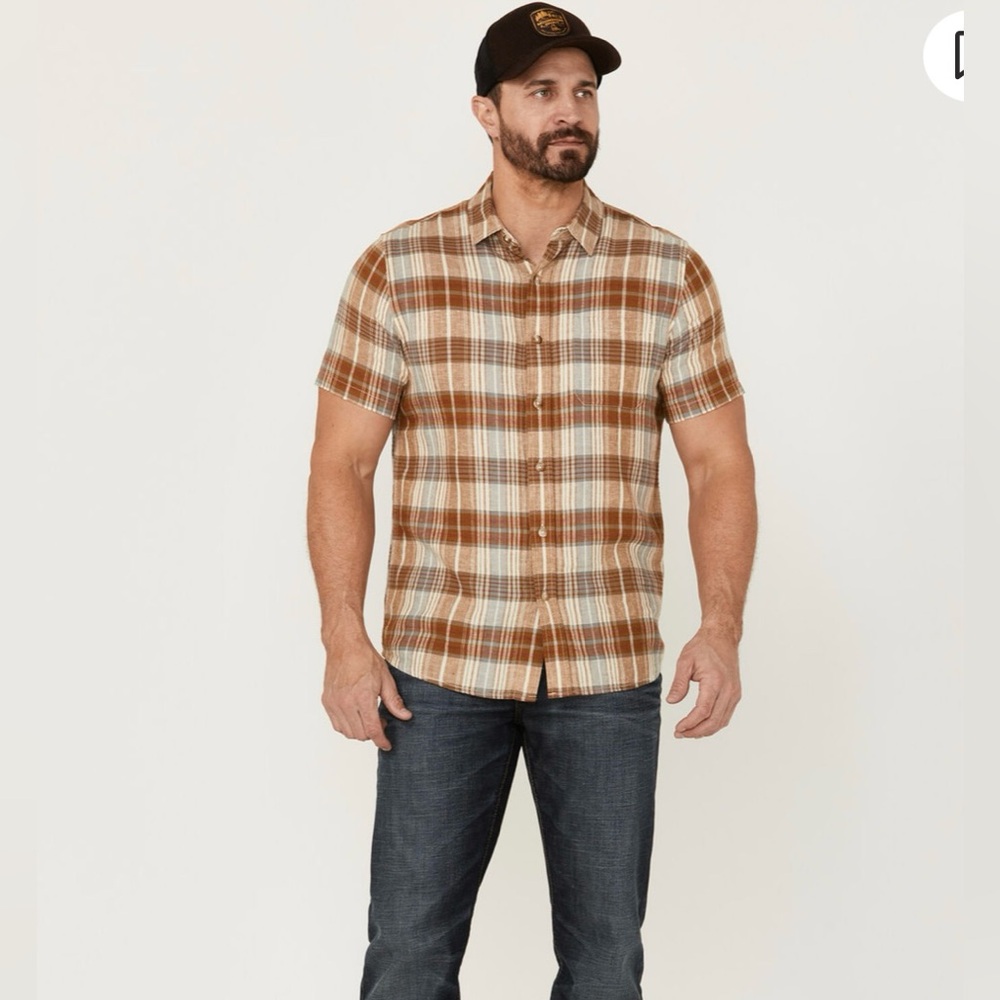 Pendleton Men's Linen Plaid Short Sleeve Button Down Western Shirt, Sz L